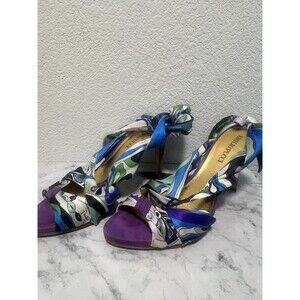 Emilio Pucci Silk Heels 37 Scarf Strap Sandals Gold Insole Purple Suede Italy